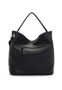 Czarna skórzana torebka z fakturowanym wykończeniem, luźnym fasonem, długim paskiem na ramię oraz zamykaną na zamek kieszenią z przodu.
