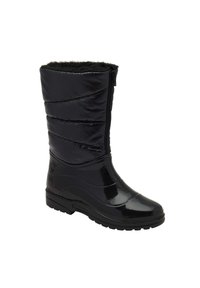 Botas impermeables negras con parte superior acolchada e insulated, cierre con cremallera y suela de goma texturizada para agarre y durabilidad.