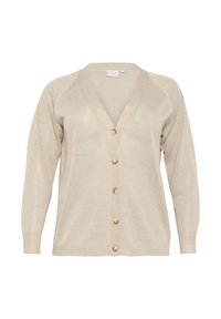 Beige cardigan with a V-neck, long sleeves, and a button front. Made from a soft, textured knit material with five light-colored buttons.
