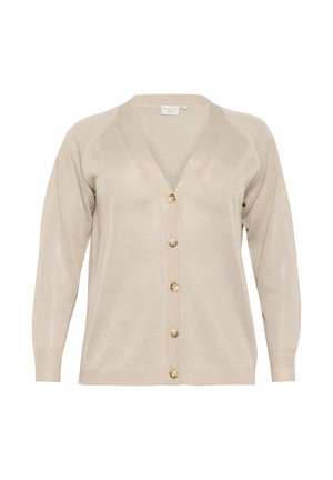 Cardigan beige avec un col en V, des manches longues et un devant à boutons. Fabriqué à partir d'un matériau tricoté doux et texturé avec cinq boutons de couleur claire.