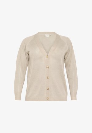 Cardigan beige avec un col en V, des manches longues et un devant à boutons. Fabriqué à partir d'un matériau tricoté doux et texturé avec cinq boutons de couleur claire.