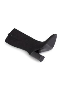 Black suede knee-high boot with a squared block heel and smooth texture. Features side zip closure and minimal stitching detail.