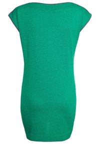 Green short-sleeve top made of soft knit fabric. Features a wide neckline with a contrasting gray trim and a fitted shape.