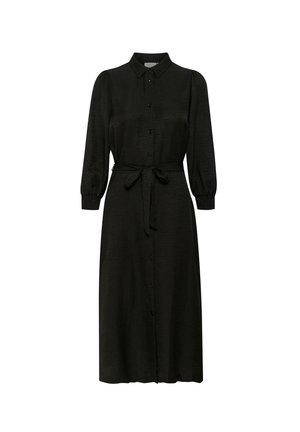 Svart midi-kjole med krage, knapper foran og lange puff ermer. Har en innsnevret midje med et knytebelte og lett tekstur.