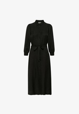 Svart midi-kjole med krage, knapper foran og lange puff ermer. Har en innsnevret midje med et knytebelte og lett tekstur.