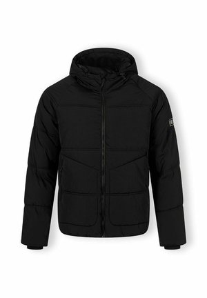 Giacca a vento nera con zip frontale, polsini elastici e cappuccio. Presenta cuciture diagonali e due tasche frontali per riporre oggetti.