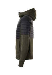 Veste à capuche avec corps en tissu vert foncé et sections matelassées noires rembourrées sur les épaules et le haut des bras, poche zippée latérale visible.