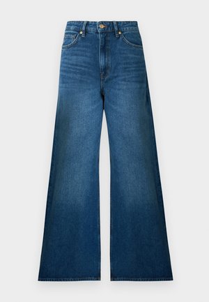 Jean en denim bleu foncé taille haute avec un design à jambes larges, doté de poches standard et de coutures contrastantes. Texture lisse, sans ornements.