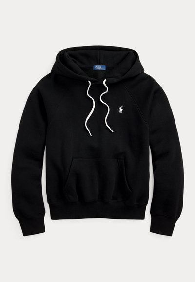 Zwarte hoodie met witte trekkoorden en een voorvak, voorzien van een klein wit Polo Ralph Lauren-logo op de linkerborst.