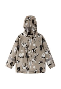 Veste imperméable beige avec des motifs animaux et nature en noir et blanc. Inclut une capuche et une fermeture à boutons-pression sur le devant. Détails en bandes réfléchissantes.
