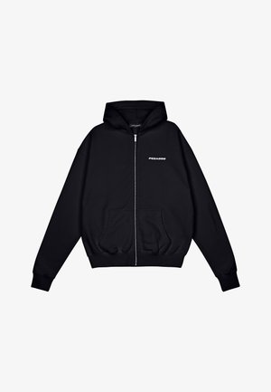 Black zip-up hoodie made of soft fabric, featuring a front kangaroo pocket, drawstring hood, and small "PEGADOR" logo on the left chest.