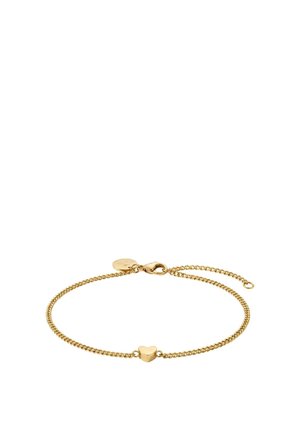 Zarter goldener Kettenarmband mit einem kleinen herzförmigen Anhänger in der Mitte und einem Karabinerverschluss mit verstellbarer Kette.