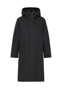 Svart lång jacka med huva, tillverkad av ett glatt tyg. Har en frontöppning, två stora fickor och justerbara dragsnören på huvan.