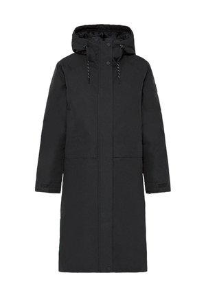 Črn dolg plašč s kapuco, narejen iz gladkega materiala. Ima sprednje zapiranje, dva velika žepa in nastavljive vrvice na kapuci.