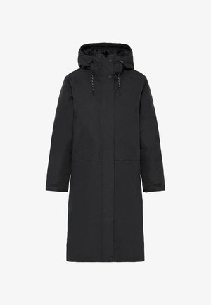 Melnā gara mēteli ar kapuci, izgatavots no gludas auduma. Tam ir priekšējā aizdare, divas lielas kabatas un regulējamas auklas uz kapuces.