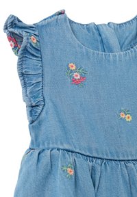 Denim dress with short ruffled sleeves, light blue color, gathered waist, and colorful floral embroidery on the bodice and skirt.