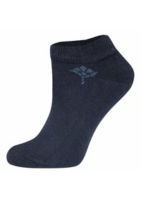 Donkerblauwe enkelsok van een katoenmix, met een gladde textuur, ribbelboord en een subtiele patroonlogo aan de buitenkant.