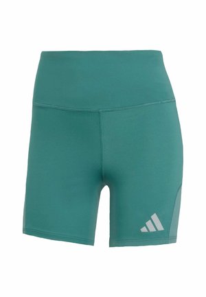 Shorts de sport teal en tissu lisse et extensible. Taille haute et logo adidas réfléchissant blanc en bas à droite.