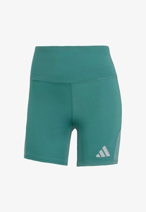 Tyrkysové športové šortky s hladkým, elastickým materiálom. Vysoký pás a reflexné biele logo adidas na dolnej pravej strane.
