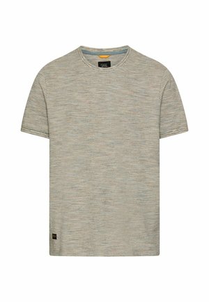 T-shirt z krótkim rękawem i okrągłym dekoltem, z cienkimi poziomymi paskami w stonowanych beżowych i szarych odcieniach, z małą czarną metką przy dole.