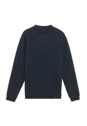 Marinelblauwe sweatshirt met een hoge hals, lange mouwen en geribde manchetten. Gemaakt van zachte stof, met een subtiele logo op de onderste zoom.
