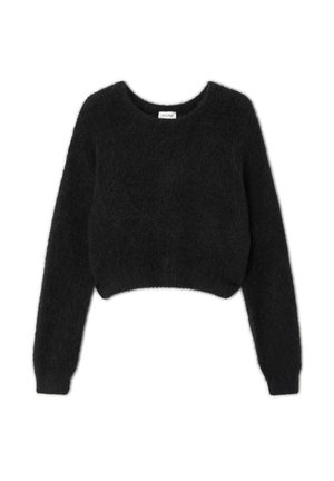 Schwarzes, kurz geschnittenes Sweatshirt aus flauschigem Material. Mit einem klassischen runden Halsausschnitt und langen Ärmeln mit taillierten Bündchen. Überall weiche Textur.
