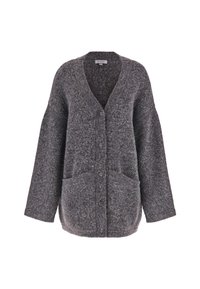Cardigan gris en tissu tricoté texturé, avec un col en V, des manches longues, une fermeture à boutons et deux poches avant.