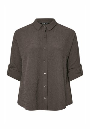 Yours Clothing TEXTURED LONG SLEEVE - Button-down blouse - brown