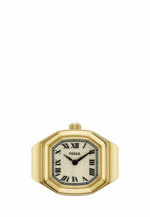 Gouden octagonale horloge met een crème dial in visgraatpatroon, Romeinse cijfermarkeringen en een zwarte rand. Het heeft een ronde kroon en een soepele band.