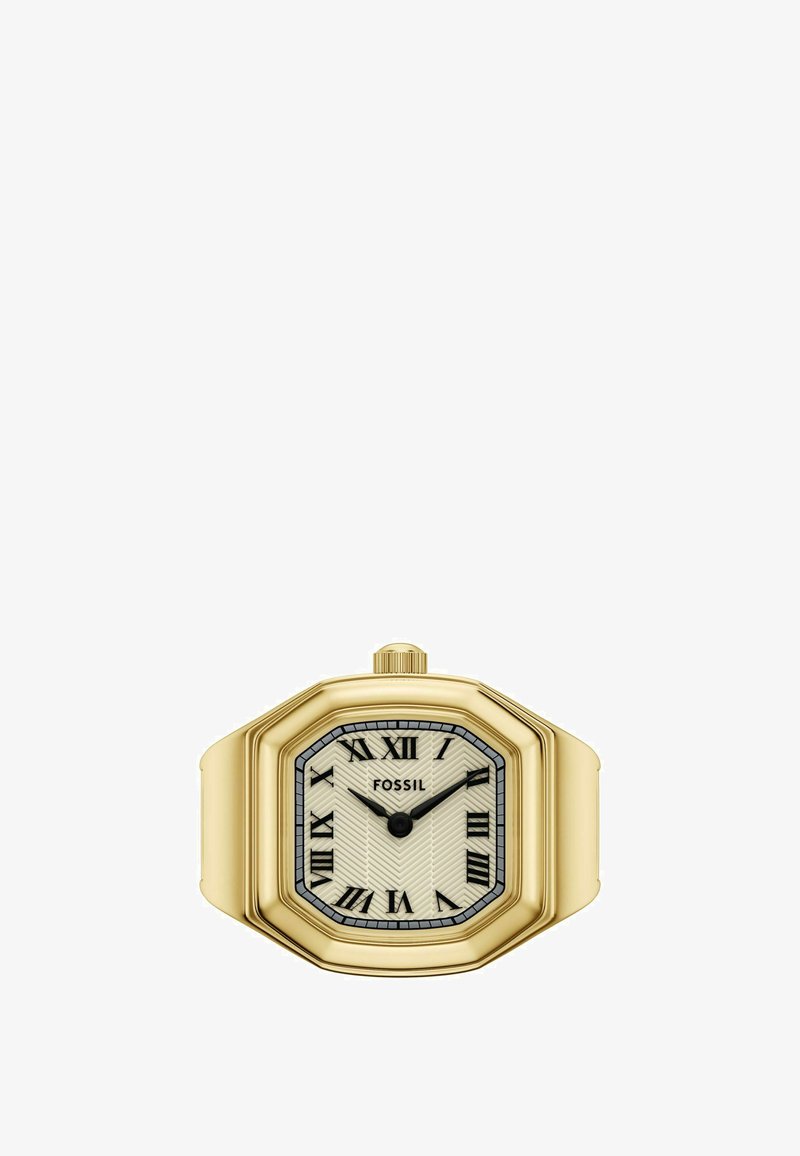 Montre octogonale dorée avec un cadran crème à motif chevrons, des index en chiffres romains et une bordure noire. Comprend une couronne circulaire et un bracelet lisse.