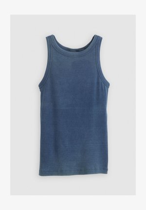 Ribota zila bezpiedurkņu blūze ar apaļu kakla izgriezumu un platiem rokām, izgatavota no mīksta auduma. Iezīmes taisna apakša un smalka krāsas variācija.