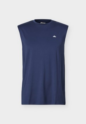Ermeløs atletisk topp i marineblå med rund hals og liten hvit ellesse-logo på venstre bryst mot en ensfarget bakgrunn.