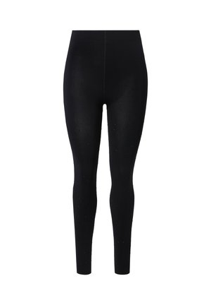 Black leggings made from stretchy material, featuring a high waistband and subtle rhinestone accents along the legs for added detail.