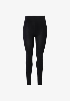 Leggings neri realizzati in materiale elasticizzato, con una vita alta e sottili dettagli in strass lungo le gambe per un tocco in più.