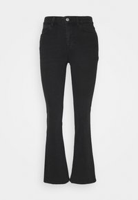 Blugi negri evazați din denim, cu talie înaltă, cinci buzunare și închidere cu buton metalic. Textură netedă cu culoare uniformă.