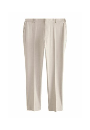 Beżowe, dopasowane formalne spodnie z szlufkami na pasek, bocznymi kieszeniami i zamkiem błyskawicznym z przodu.