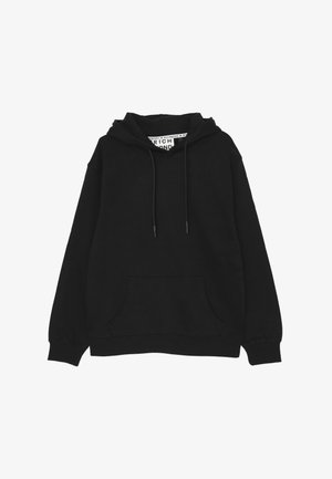 Felpa nera in morbido misto cotone, con tasca frontale, cappuccio con laccetti e polsini e orlo a costine. Design semplice e a pullover.