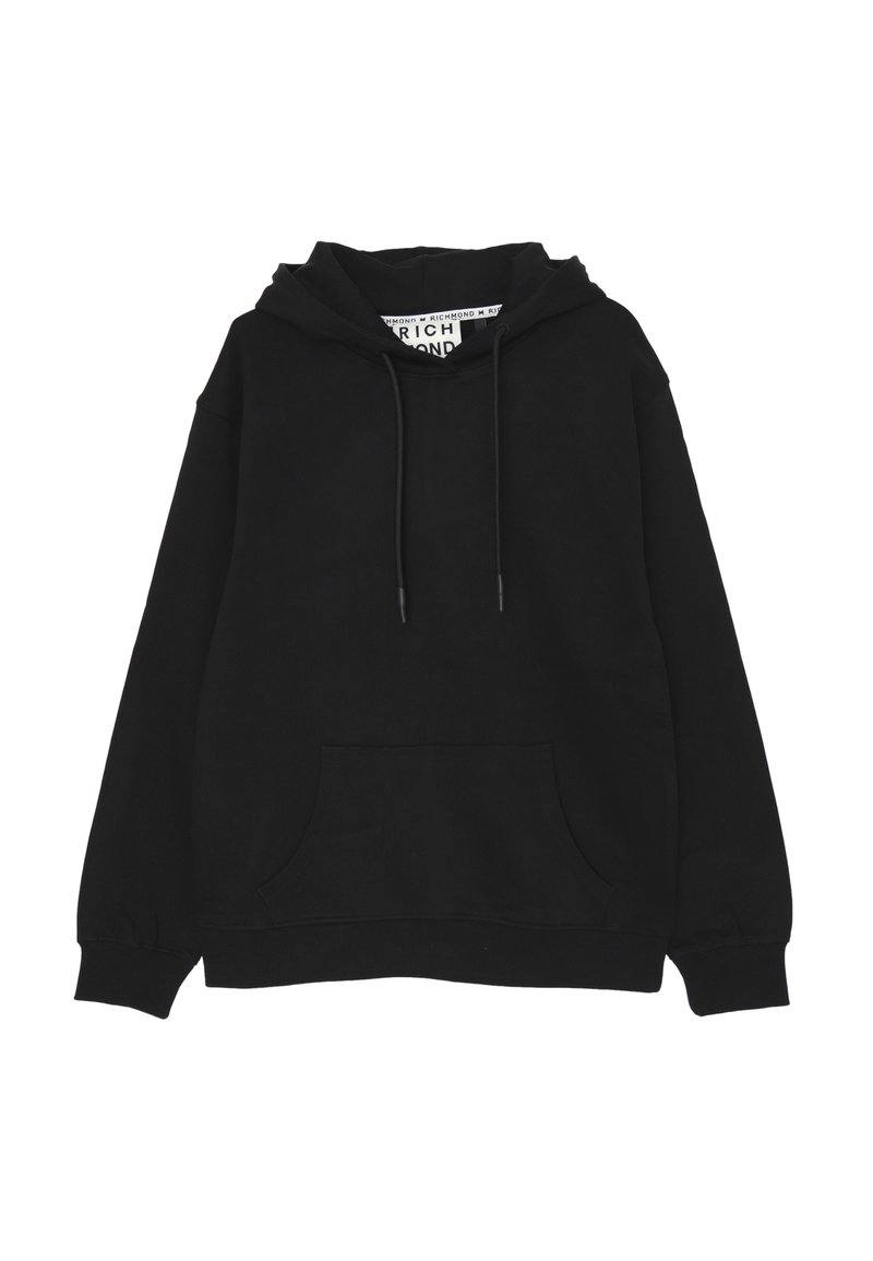 Felpa nera in morbido misto cotone, con tasca frontale, cappuccio con laccetti e polsini e orlo a costine. Design semplice e a pullover.