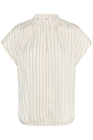 Short-sleeve blouse in light cream with thin blue vertical stripes. Features a gathered neckline and a relaxed shape. Soft, textured fabric.