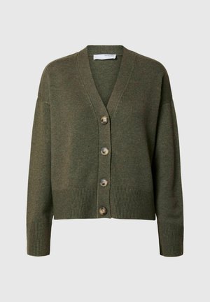 Olive green cardigan with a V-neck, long sleeves, and five large buttons. Features ribbed cuffs and hem with a soft texture.
