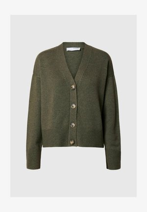 Olive green cardigan with a V-neck, long sleeves, and five large buttons. Features ribbed cuffs and hem with a soft texture.