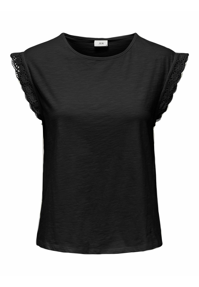 Haut noir à manches courtes avec un col rond, orné d'accents en dentelle texturée sur les manches et d'une coupe décontractée, fabriqué en tissu doux et léger.