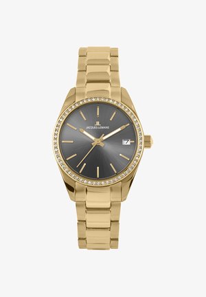 Reloj de pulsera de metal dorado con un dial gris con efecto sol, bisel adornado con cristales y marcadores de horas minimalistas. Cuenta con una ventana de fecha.