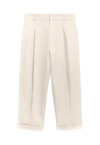 Light beige trousers with a loose fit, featuring front pleats, a zip fly, and turned-up cuffs. Made from a smooth, lightweight fabric.