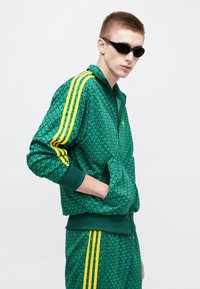 Πράσινο μπουφάν με φερμουάρ και επαναλαμβανόμενο σχέδιο φύλλων, κίτρινες ρί�γες στα μανίκια, σετ με παντελόνι που ταιριάζει. Διαθέτει κλασικό αθλητικό σχέδιο.