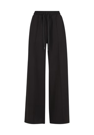 Pantaloni negri din material larg, cu talie elastică, detaliu cu șnur și două plii frontale pentru un plus de structură. Textură netedă a materialului.