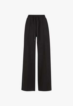 Mustat leveät housut, joissa on joustava vyötärö, nauhakiristys ja kaksi etupleittiä rakenteen lisäämiseksi. Sileä kankaan rakenne.