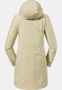 Beige Kapuzenjacke mit glatter, glänzender Textur. Sie hat eine taillierte Passform, lange Ärmel und eine Midi-Länge bis zum Oberschenkel. Keine sichtbaren Beschläge.