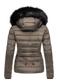 Puffer jacket in brown with a faux fur hood. Features horizontal quilted design, elastic cuffs, and brand logo in red on the back.