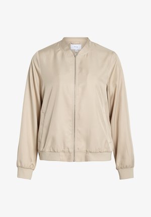 Beige Bomberjacke aus glattem Stoff mit runder Ausschnittlinie, Reißverschluss vorne sowie elastischen Bündchen und Saum. Schlichtes Design ohne Muster.